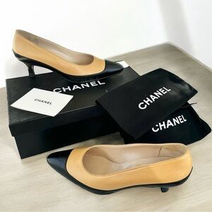 Authentic CHANEL Black & Beige Pumps with Box & Dust Bag